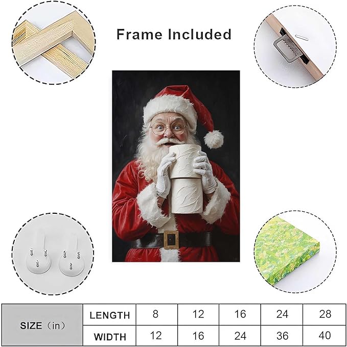 Santa Claus Canvas Print Santa with Toilet Paper Humorous Holiday Poster Holiday Evergreen Art Rural Art print Christmas Bathroom Canvas Painting Indoor Decor for Home Bathroom Framed Ready to Hang