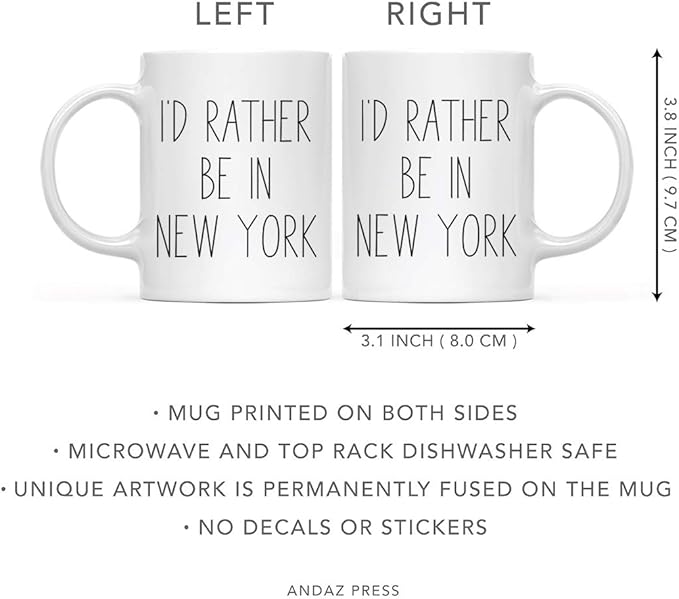 Andaz Press U.S. State 11oz. Coffee Mug Gift, I'd Rather Be in New York, 1-Pack, Long Distance College Going Away Study Abroad Birthday Christmas Gifts