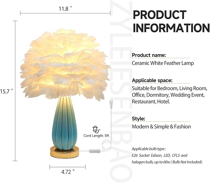 Chic White Feather Lamp Creative Feather Bedside Lamp Princess Nightstand Table Lamp Deco Nordic Desk Light for Cute Girl Bedroom Wedding Christmas Gift Living Room Entry Ceramic Body