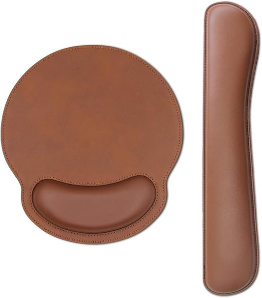 RICHEN Ergonomic PU Leather Keyboard Wrist Rest and Mouse Pad with Wrist Support, Memory Foam Set for Computer/Laptop,Gaming and Office, Comfortable for Easy Typing & Pain Relief (PU Brown)