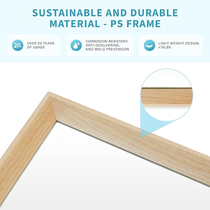 Oak Wood Effect Framed Wall Mirror, 20x30 Rectangle Mirror, Anti-desilvering Tempered Glass, Sustainable& Sturdy Frame, Anti-Rust, HD Reflection &3min Fast Setup for Bathroom Living Room