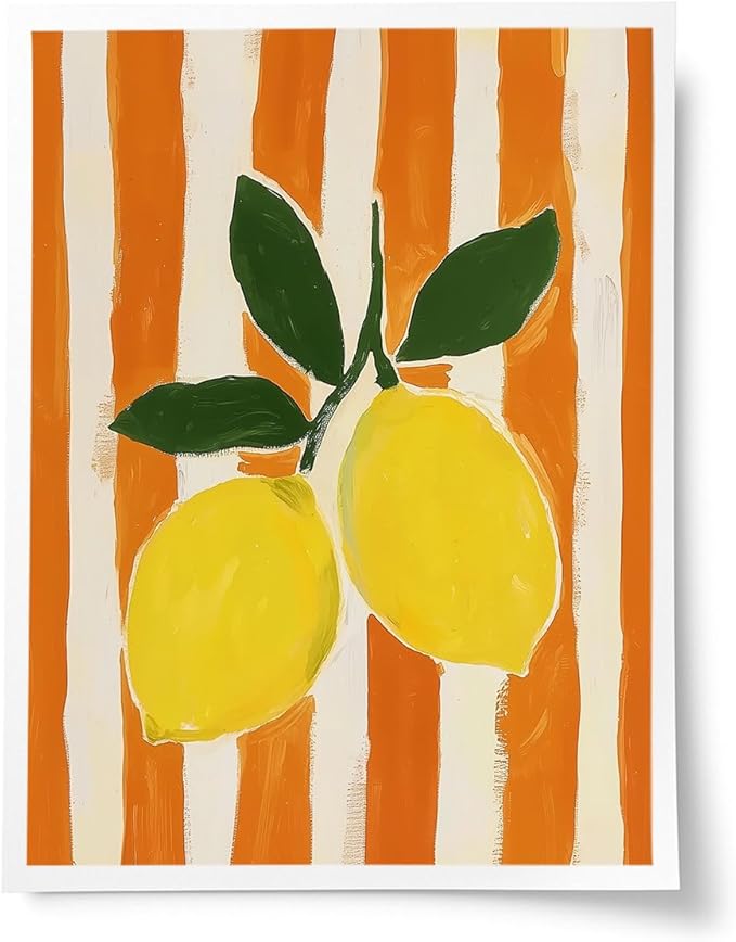 Lemon Watercolor Wall Art – Fresh Yellow Citrus Canvas Print – Orange Stripe Kitchen Decor – Modern Botanical Fruit Illustration Poster 12x16inch-Unframed