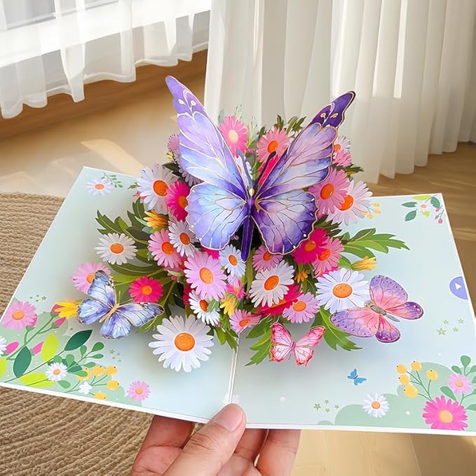 3D Bouquet Butterflys Pop Up Thank you Card, Teacher Appreciation Card, Handmade Flowers Box Greeting Cards with Note and Envelope for New Year Anniversary Valentines