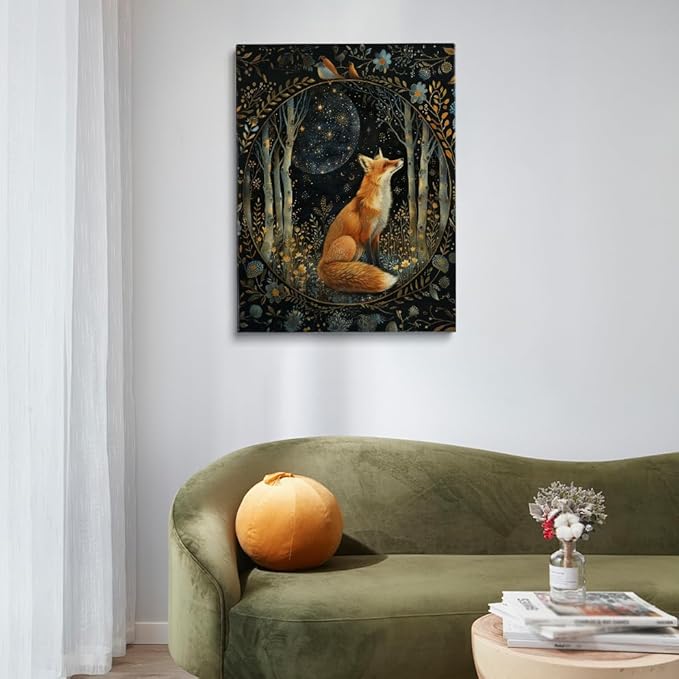 Nordic Rustic William Morris Fox Wall Art,William Morris Moon & Stars Print,William Morris Cute Fox Print Painting,Vintage Animal Wall Art Poster Decor for Living Room Bedroom 8x12in Frame wall art