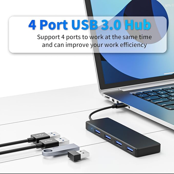 USB 3.0 Hub, 4 Ports USB A Splitter Ultra Slim Mini USB Expander, Multiple USB Hub for Laptop, PC, Xbox, Flash Drive, HDD, Console, Printer, Camera, Keyborad, Mouse and More(2ft)