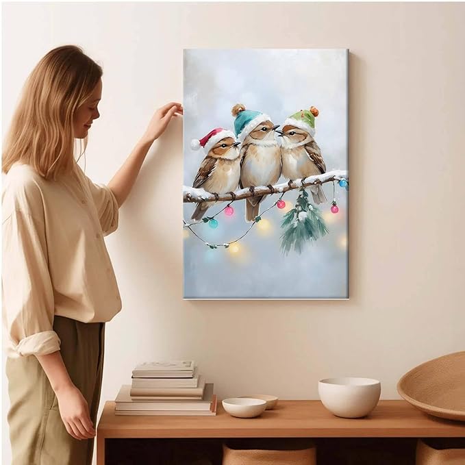 Framed Canvas Wall Art Christmas Birds Winter Art Print Wall Art Holiday Poster Trendy Christmas Decor 20x30in Wood Framed