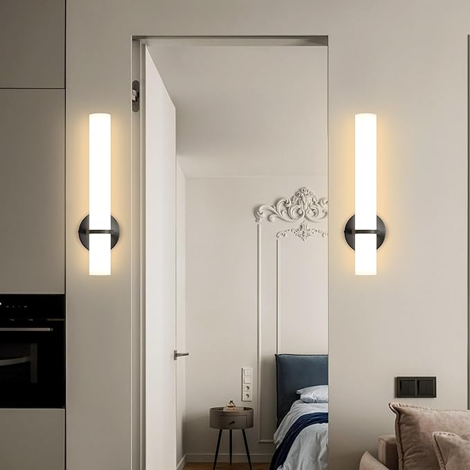 16W LED Dimming Wall Sconces 2 Packs, 3000K Warm Lights Dimmable, White Lampshade Bathroom Vanity Lighting Wall Light Fixtures for Bedroom Dining Living Hallway, Black