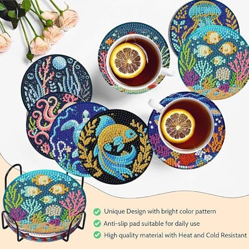 Clendo 8 Pcs Ocean Diamond Art Coasters Kits - Animals Diamond Painting Coasters Kit with Holder Cork Pads, DIY 5D Small Mini Diamonds Dots Kit Full Drill Art Craft Supplies 4X4 - Image 2