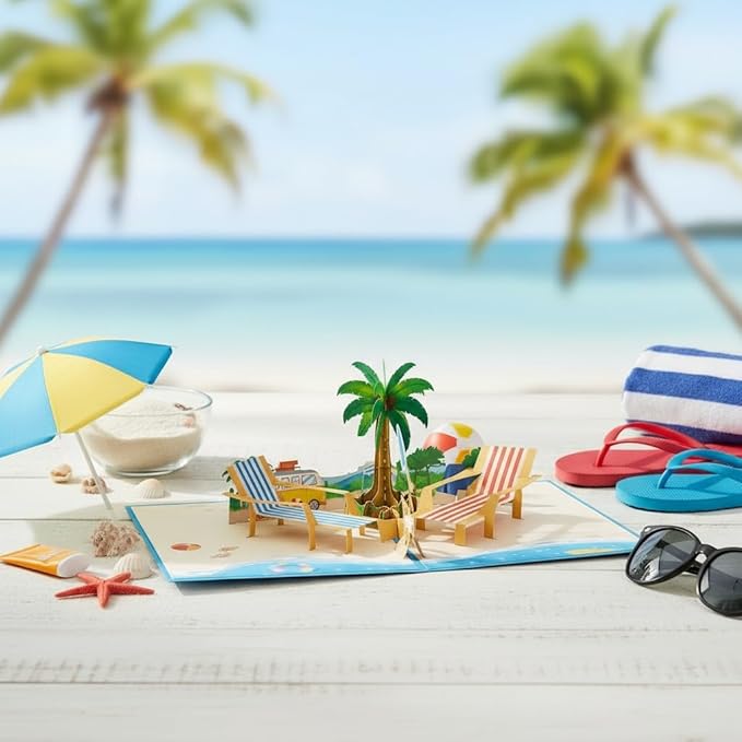 GREETING ART Beach Vacation Anniversary Pop Up Card, Beach Birthday Card, Happy Travel Summer Cards, Tropical Vacation Cards for Retirement, Father’s Day, Thinking of You, Valentines Day