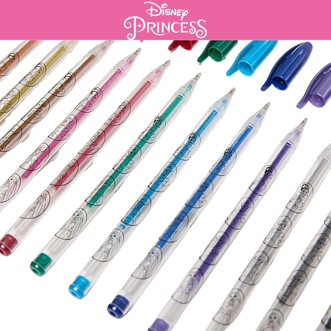 Disney Princess Gel Pens Set for Kids, 24 Pack with Glitter Gel Pens, Cute Pens for Girls – Cinderella, Rapunzel, Ariel, and Tiana