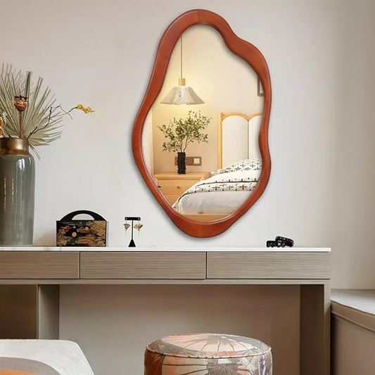 32"x 20" Wavy Cloud Mirror Irregular Wall Mirror with Wood Frame, Modern Decorative with Hanging Hooks, Asymmetrical for Bedroom Living Room Entryway Walnut Color