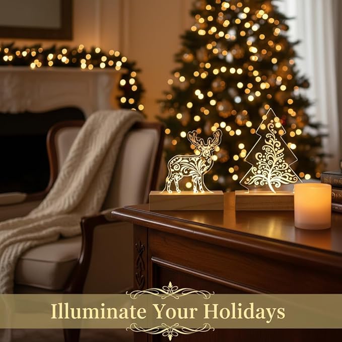 Young's Inc Acrylic LED Deer & Christmas Tree Light-Up Tabletop Decor, Set of 2 Warm White Glow with Timer, Wooden Base, Holiday Mantel, Entryway & Office Christmas Decorations