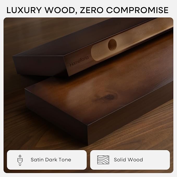 Homeforia 30inch Walnut Floating Shelves for Wall Mounted, High End Solid Real Wood 30 in Floating Shelf, Dark Brown Wooden 30 inch Long Floating Shelves, Heavy Duty Bracket, 30 X 6.5 X 1.75, Set of 2