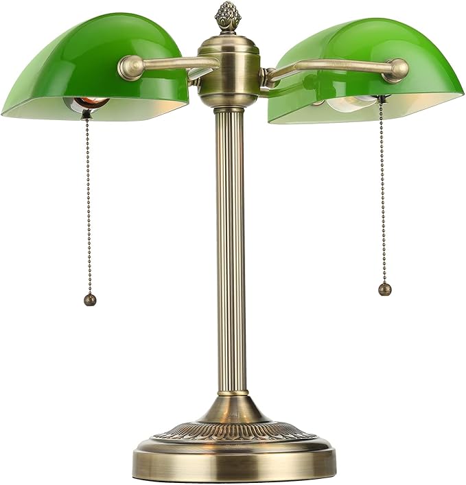 Newrays Green Double Head Glass Bankers Desk Lamp with Pull Chain Switch Plug in Fixture for Library, Office, Cafe