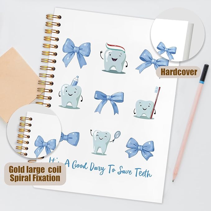 WUCHJ Dentist Gifts Notebook, Dental Hygienist Gifts Journal, Coquette Blue Bow Cute Tooth Spiral Notebook Journal for Note Taking, Dentist Office Supplies, 5.5x8.3 Inch
