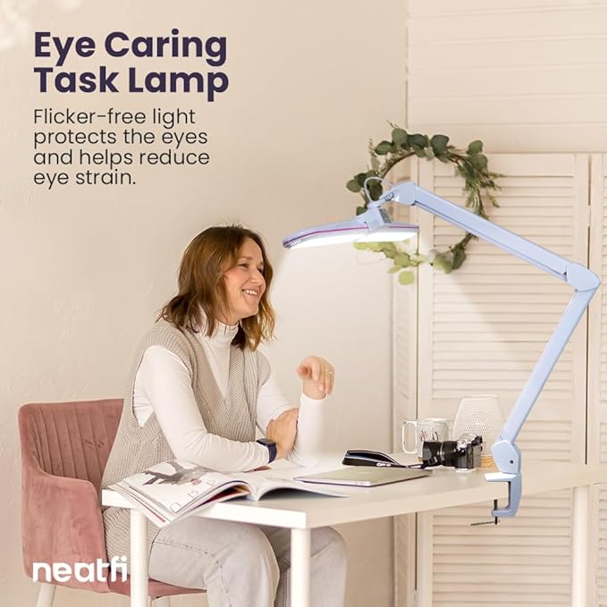 Neatfi Elite HD XL LED Desk Lamp, 3 Light Modes, 90PCS SMD LED, Non-Polar Dimming, Bright Eye-Caring Lighting for Home Office, Drafting, Beauty Shop, Workbench (CCT with Clamp, Pink Ring, 17 Inches)