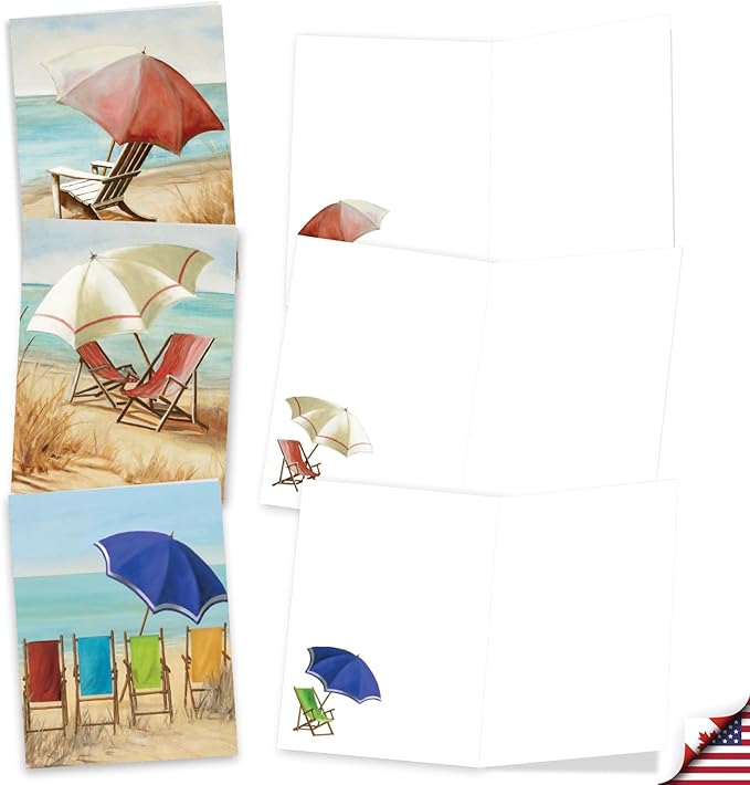 The Best Card Company 20 Assorted Nautical Blank Notecards Box Set 4 x 5.12 Envelopes For Men, Women (10x2 Each) Beach Chairs AM10692OCB-B2x10