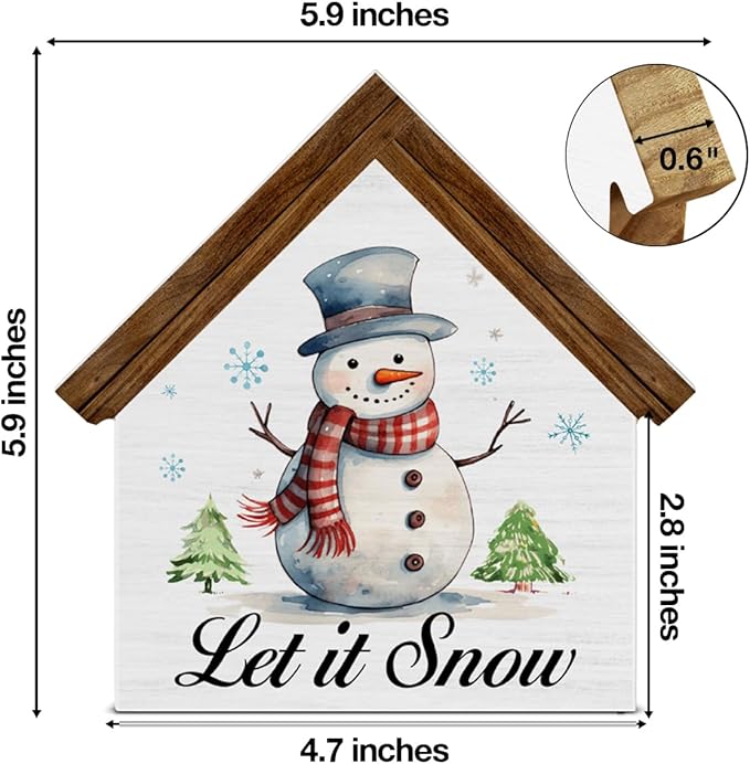 Let It Snow Sign, Christmas Snowman Decor, Winter Snowman House Shaped Wooden Sign， Christmas Home Decor for Desk Table Shelf