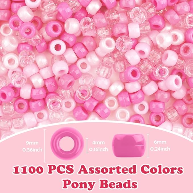 1100pcs QPIXVB Pink Pony Beads,Pink Beads for Bracelets Making,Hair Bead for Braid,Pastel Bead,Necklace Keychain Charms Making Supplies