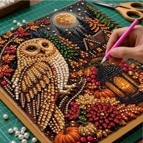 DIY Pearl Painting Kit for Adults, Autumn Owl Fall Art with Wood Frame, 20x20cm Self-Adhesive Pearl Diamond Craft, Autumn Wall Decor Gift for Women, Beginners Relaxing Hobby Kit - Image 2