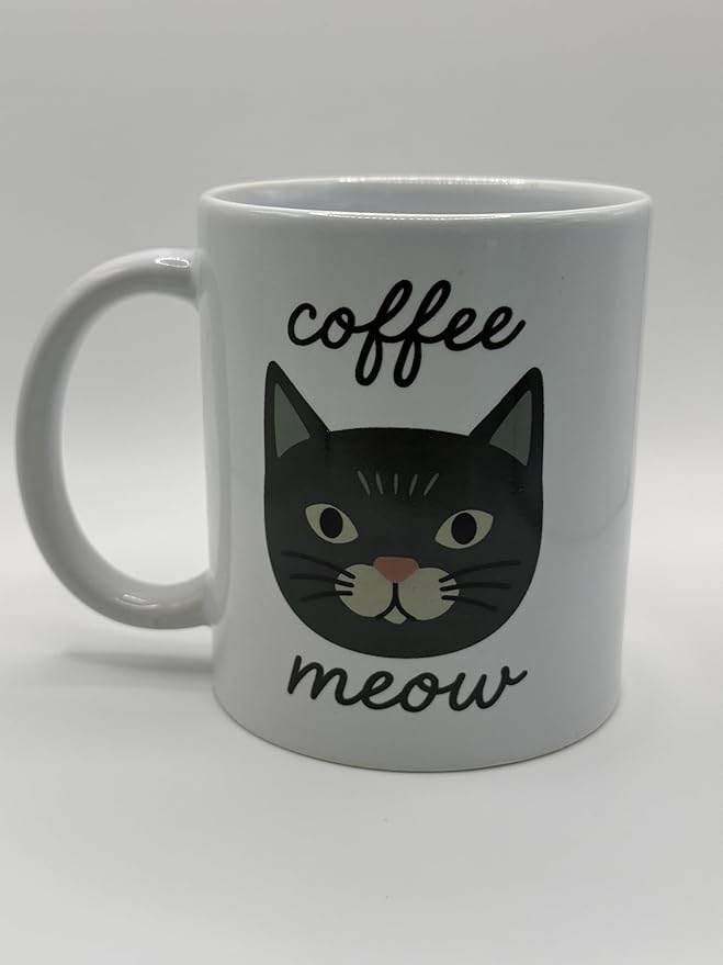 Cute Cat Coffee Mug, White Ceramic Cup with Meow Design