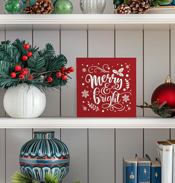 Merry and Bright Christmas Decor Wooden Box Sign, Christmas Desk Decor, Farmhouse Red Christmas Snowflake Xmas Wood Signs for Home Office Table Shelf Decoration, 5x5 Inch