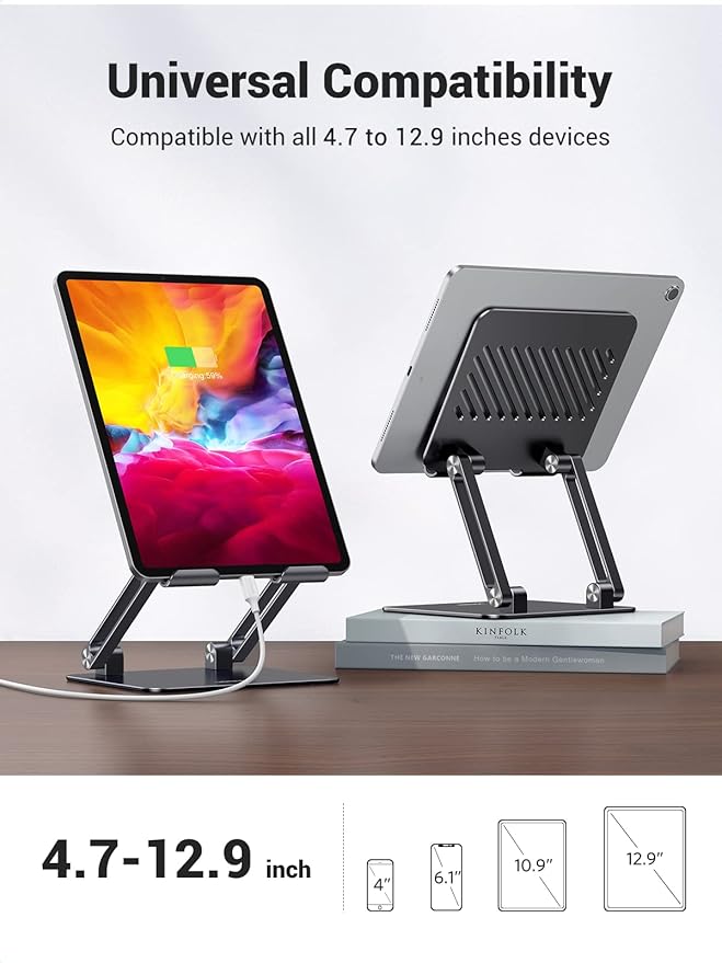 UGREEN Tablet Stand Holder for Desk Dual Rod Support Aluminum Tablet Holder Adjustable Multi-Angle Home Office Accessories Compatible with iPad Pro 13 12 11 10.5 Air Mini 5 4 3 2 Phone E-Reader Black