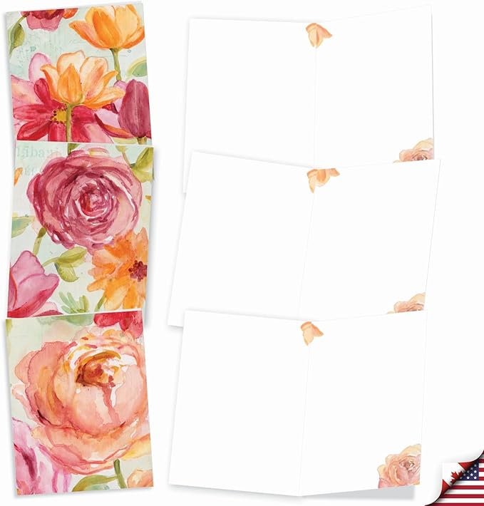 The Best Card Company - 10 Boxed Note Cards with Flowers - Blank Assorted Floral Notecards Bulk (4 x 5.12 Inch) - Warm Blossoms M1715BN