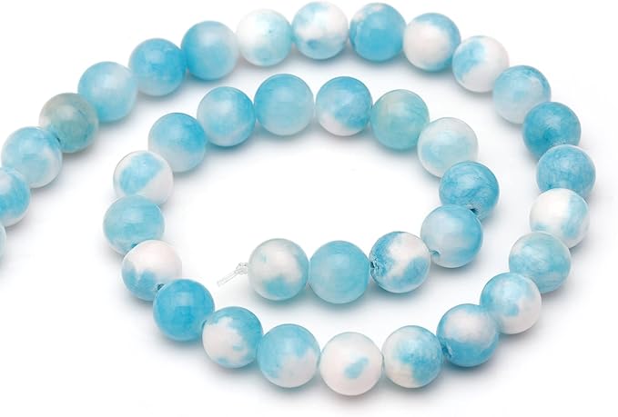 Youngbling Natural Gemstone Beads for Jewelry Making,6mm Blue White Jade Polished Round Smooth Stone Beads,Genuine Real Stone for Bracelet Necklace 15 Inch