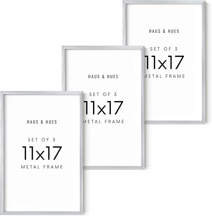 HAUS AND HUES 11x17 Silver Metal Picture Frames - Features Premium Aluminum, Vertical & Horizontal Hang, Shatterproof Plexiglass - Perfect for Home, Room, Office (11x17 in, Silver, Set of 3)