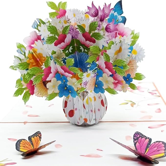 iGifts And Cards Flower Vase Magic Pop Up Card – 6" x 8" 3D Floral Bouquet Greeting with Butterflies for Birthday, Mother’s Day, Anniversary, Thinking of You, Surprise Gift with Envelope