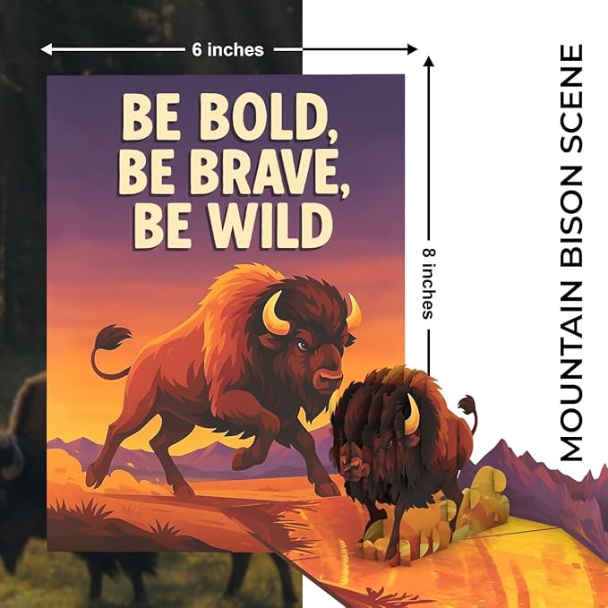 iGifts And Cards Be Bold Be Brave Be Wild Bison Pop Up Card – 3D Buffalo Mountain Scene for Graduation, Promotion, New Job – Encouragement Gift for Men, Nature Lovers, Adventurers – 6”x8” w/Notecard