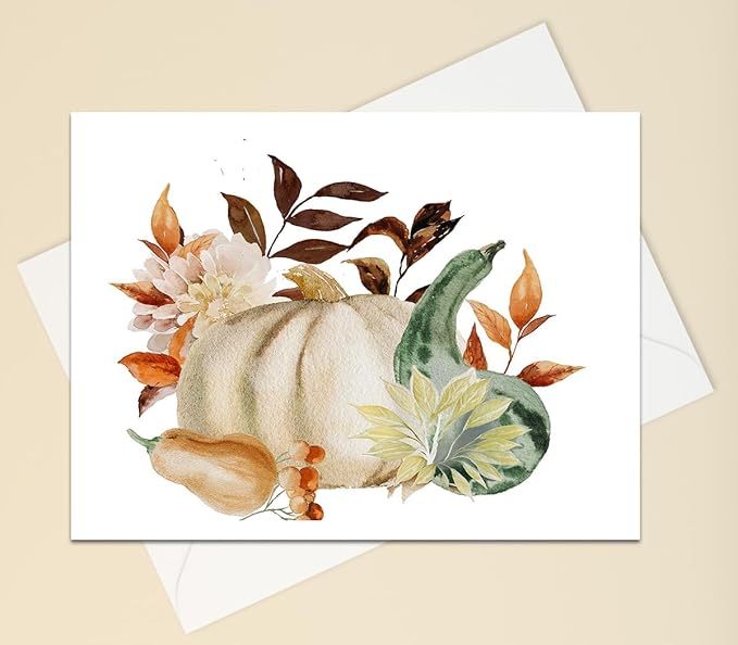 Vintage Autumn Harvest Greeting Cards - Set of 10 All Occoassion 5x7 Note Cards with Envelops Blank Inside. Rustic Watercolor Designs of Fall Flowers, Pumpkins and Leaves.
