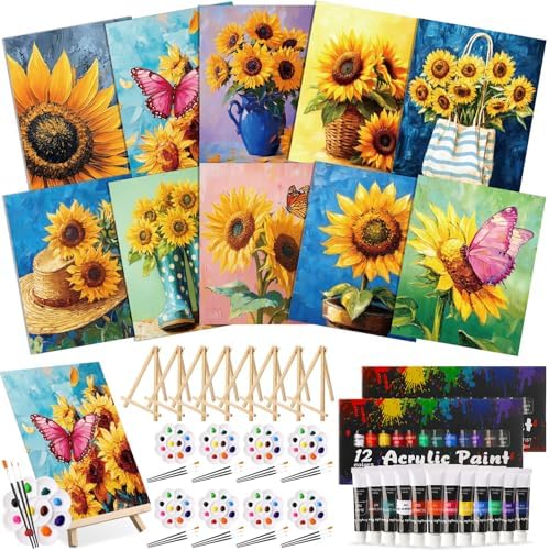 Ctosree 72 Pcs Sunflower Paint and Sip Kit for Adults 8'' x 10'' Pre Drawn Canvas for Painting DIY Pre Printed Canvas for Party Favor Acrylic Painting Kit Wood Easel Brushes Date Night Bulk by Ctosree