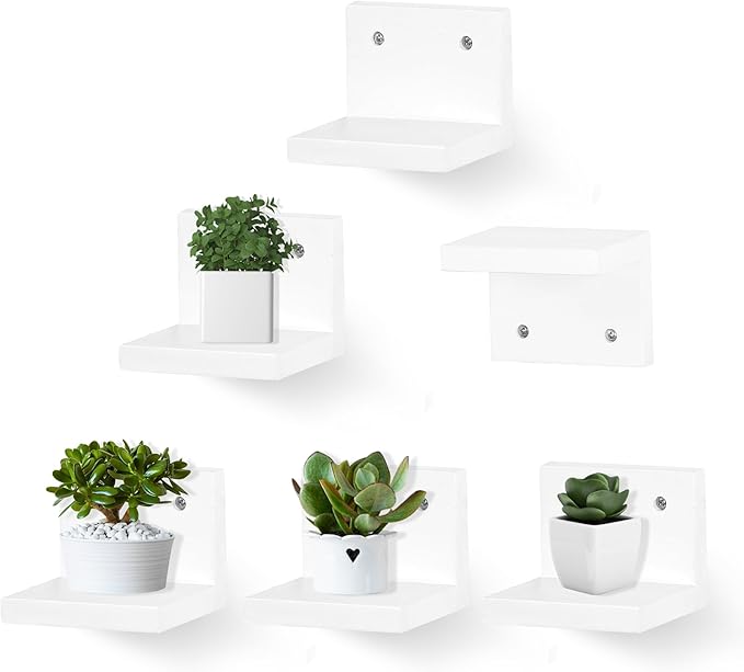 Small Floating Shelf for Wall Set of 6,Mini Shelves for Display Small Figurine,Plant,Collectibles,Wall Shelves for Bedroom Living Room Bathroom Kitchen Decor（White）