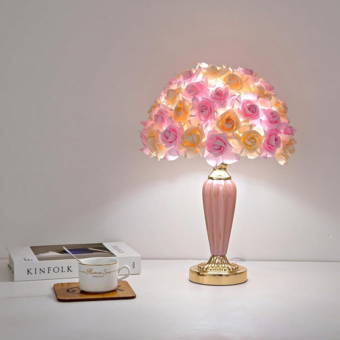 Pink Flowers Lamp Beautiful Yellow Flower Bedside Lamp Nordic Nightstand Light Romantic Rose Bouquet Table Lamp for Wedding Girl Bedroom Valentines Dating Living Room Office Christmas