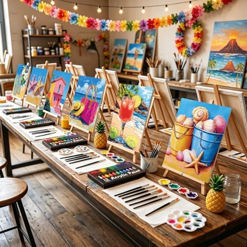 Ctosree 72 Pcs Hawaii Paint and Sip Kit for Adults 8'' x 10'' Pre Drawn Canvas for Painting DIY Pre Printed Canvas for Party Favor Acrylic Painting Kit Wood Easel Brushes Date Night Bulk - Image 6