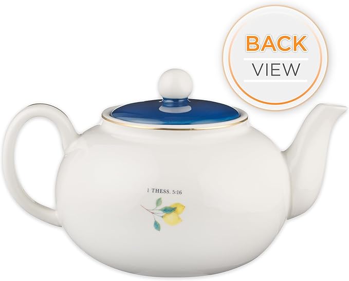 Christian Art Gifts Large Ceramic Cute Inspirational Scripture Teapot for Women: Rejoice Always Bible Verse for Home & Kitchen w/Gold, Easy-pour Lead & Cadmium-free, White/Blue & Yellow Lemons, 34 oz.