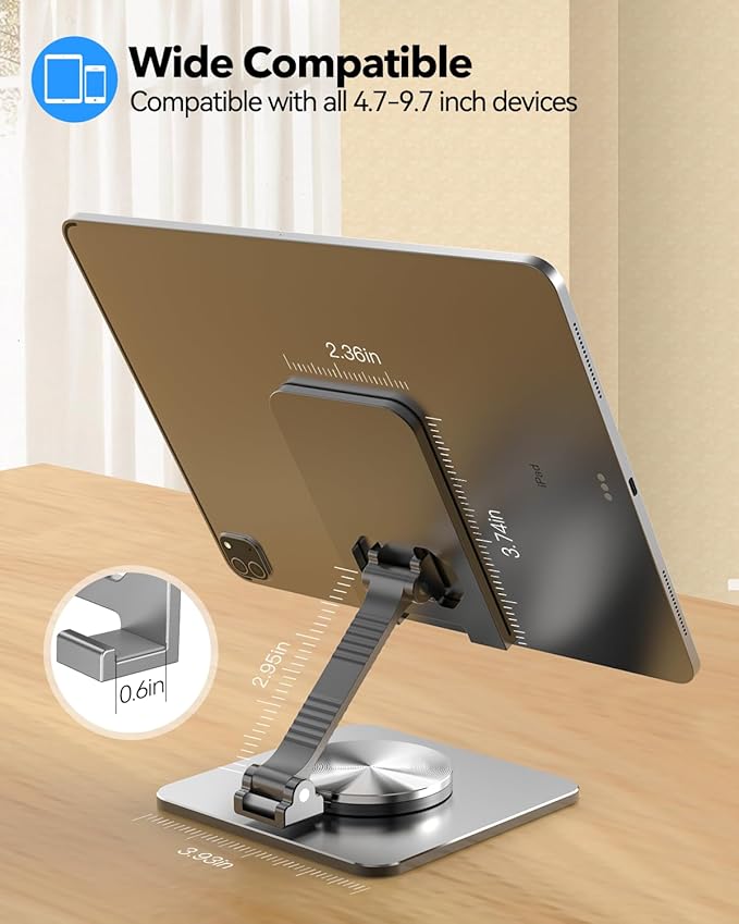 Cell Phone & Tablet Stand for Desk, Aluminum Adjustable Holder for iPhone, iPad & Smartphones || Foldable Mount with 360° Swivel, Stable Base & Portable Design for 4–9.7in Devices, Grey
