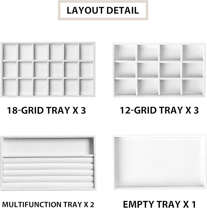 Frebeauty Jewelry Organizer Tray,Stackable Velvet Jewelry Trays,Drawer Inserts Earring Organizer For Women Jewelry Storage Display Case for Rings Stud Necklaces,8.3 x 4.9 x 1 Inches (White)