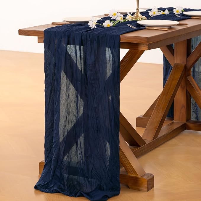 Socomi 6pcs Navy Blue Valentine's Day Cheesecloth Table Runner Boho Rustic Gauze 120 inch 10FT Cheese Cloth Runner for Wedding Party Baby Shower Birthday Home Decor Holiday Decorations