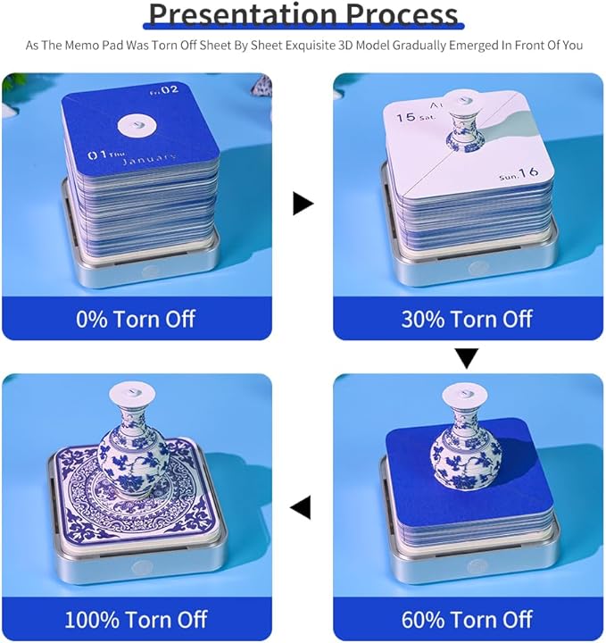 3D Time Piece Calendar 2026 3D Tear Away Art Memo Pad Notepad Desk Calendar with Light,3D Art Calendar Desktop Decoration Gift for Christmas (Blue and White Porcelain)