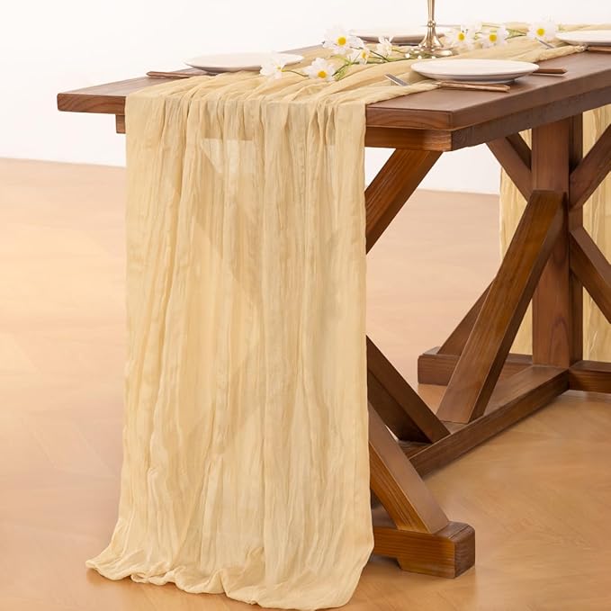 Socomi 3pcs Gold Champagne Cheesecloth Table Runner Valentine's Day Boho Rustic Gauze 120 inch 10FT Cheese Cloth Runner for Wedding Party Baby Shower Birthday Home Decor Holiday Decorations