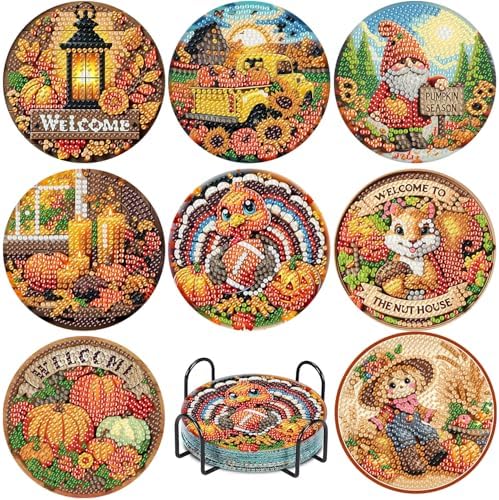 8 Pcs Fall Diamond Art Coasters Kits, Diamond Painting Coasters Kits ﻿ ﻿ by NEGEKFKX