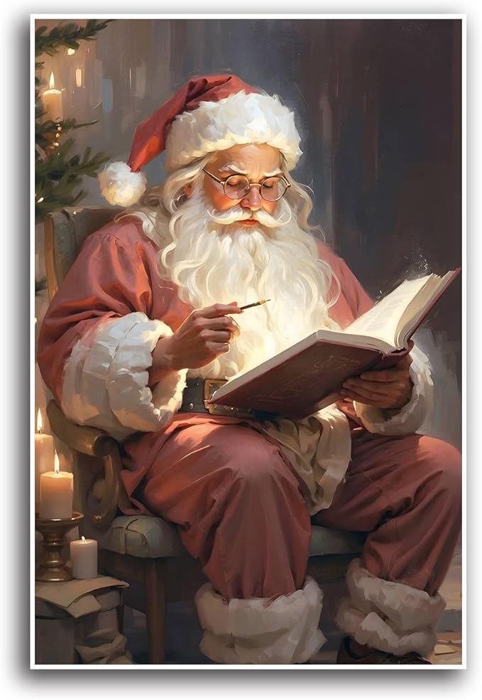 Canvas Wall Art Vintage Christmas Wall Art Santa Writing Book Oil Painting Cottagecore Decor Academia Christmas Decor Winter Print 28x40in-UnFramed