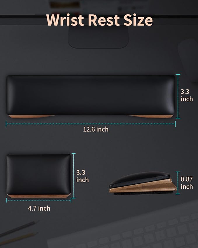 ASFSKY Keyboard and Mouse Wrist Rest Set – Ergonomic Wooden Wrist Support Pad with PU Leather & Memory Foam, Anti-Slip Rubber Base Wrist Cushion for Gaming, Office & Typing Pain Relief