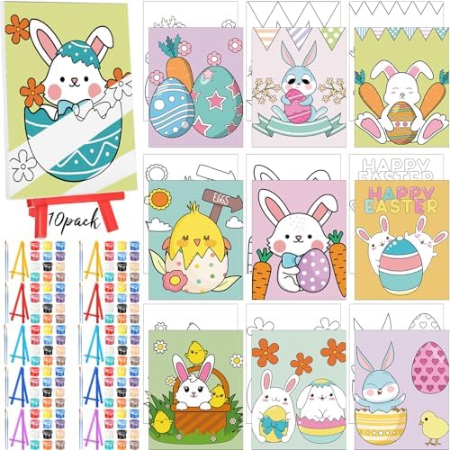 Blosssound 10 Set Easter Pre Printed Canvas Bunny Pre Drawn Canvas Painting with Easel Kits 5" x 7" Outline Painting Panels for Beginners, DIY Craft Project, Party Favor, Home Decors by Blosssound