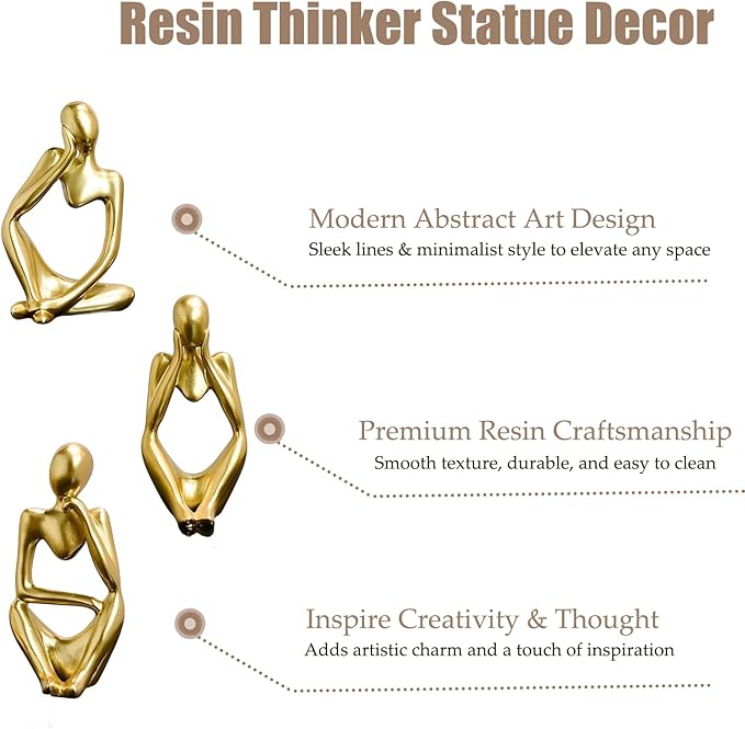 Mingzhang 3pcs Thinker Statue Abstract Art Thinker Figurines Gold Home Decor for Living Room, Office, Coffee Table, Bookshelf Decoration, Housewarming Gifts