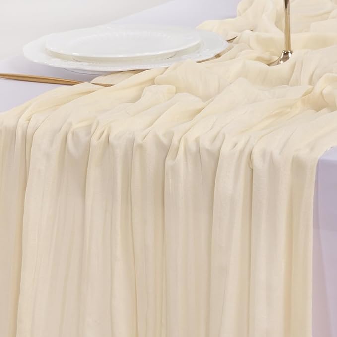 Socomi 6pcs Beige Valentine's Day Cheesecloth Table Runner Boho Rustic Gauze 120 inch 10FT Cheese Cloth Runner for Wedding Party Baby Shower Birthday Home Decor Holiday Decorations