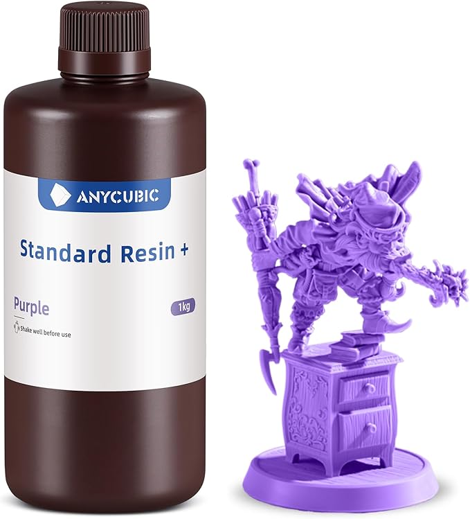 ANYCUBIC Standard 3D Printer Resin Plus, 405nm SLA Fast UV-Curing Resin, High Precision & Rapid Photopolymer for 8K/14K/16K Capable LCD/DLP/SLA 3D Printing (Purple, 1000g)